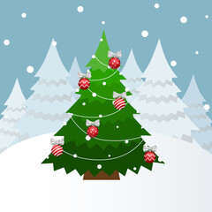 Christmas tree and Christmas decorations. Merry Christmas and Happy New Year background. Vector illustration.