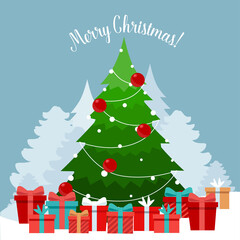 Decorated Christmas tree. Merry Christmas and Happy New Year background. Vector illustration.