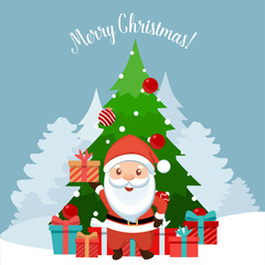 Santa Claus and Decorated Christmas tree. Merry Christmas and Happy New Year background. Vector illustration.