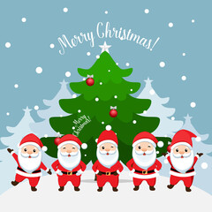 Santa Claus and Decorated Christmas tree. Merry Christmas and Happy New Year background. Vector illustration.