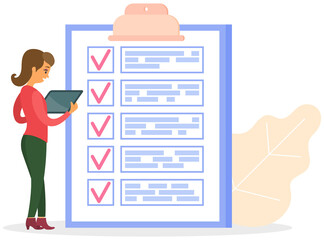Month scheduling, to do list, time management concept. Woman stands near to do plan and planning schedule. Plan fulfilled, task completed, timetable sheet. Lady works with check list planning