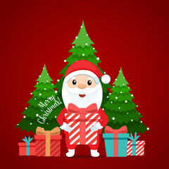 Santa Claus and Decorated Christmas tree. Merry Christmas and Happy New Year background. Vector illustration.