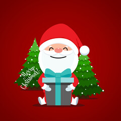 Santa Claus and Decorated Christmas tree. Merry Christmas and Happy New Year background. Vector illustration.