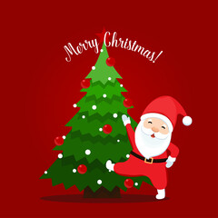 Santa Claus and Christmas tree. Merry Christmas and Happy New Year background. Vector illustration.
