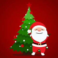 Santa Claus and Christmas tree. Merry Christmas and Happy New Year background. Vector illustration.