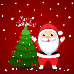 Santa Claus and Christmas tree. Merry Christmas and Happy New Year background. Vector illustration.