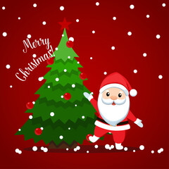 Santa Claus and Christmas tree. Merry Christmas and Happy New Year background. Vector illustration.