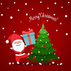 Santa Claus and Decorated Christmas tree. Merry Christmas and Happy New Year background. Vector illustration.