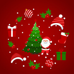 Santa Claus and Decorated Christmas tree. Merry Christmas and Happy New Year background. Vector illustration.
