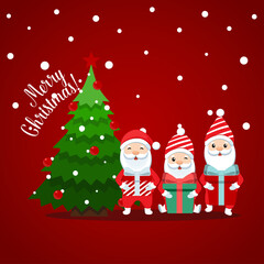 Santa Claus and Decorated Christmas tree. Merry Christmas and Happy New Year background. Vector illustration.