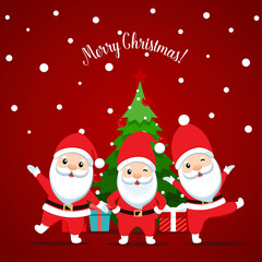 Santa Claus and Decorated Christmas tree. Merry Christmas and Happy New Year background. Vector illustration.
