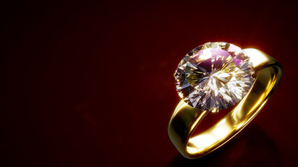 wedding ring with diamond on dark colorful bg with free place - abstract 3D illustration