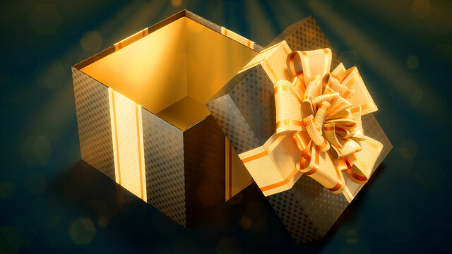 Gold And Black Opened Giftbox On Blue - Abstract 3D Illustration