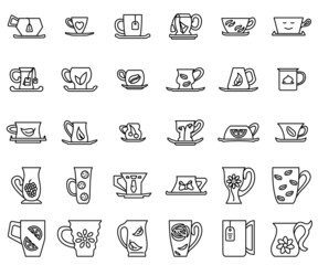 Coffee cup with saucer, tea cup. Tableware for drinks of different sizes, shapes and designs. Decorated drinking mugs. A set of vector icons, outline, isolated