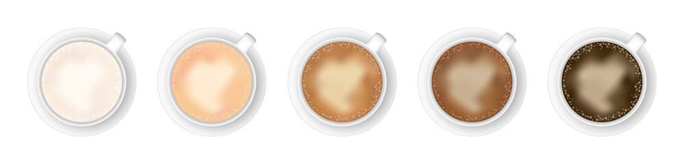 Vector illustration of five coffee cups with gradient color palette – lighter to darker shades. White, brown, and black coffee color shades. Five coffee mugs isolated on a white background. Top view.