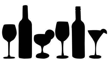 silhouette of bottles and glasses, isolated, vector