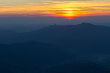 Sunset in the Carpathians, Gorgan region, Ukraine. Tourism and mountains concept. Magical sunset in the mountains.