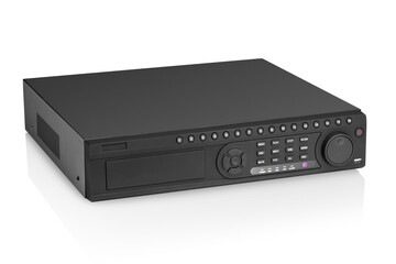 Three quarter view of simple black digital video recorder, isolated
