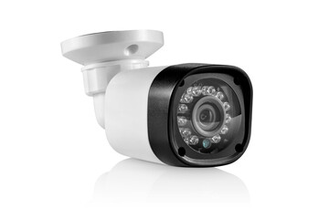 Three quarter view of white outdoor security camera, isolated
