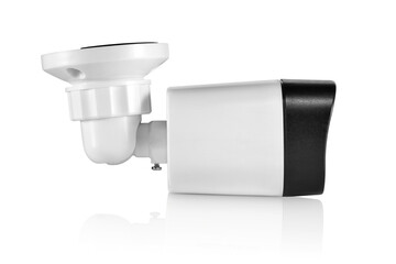 Side view of white outdoor security camera, isolated