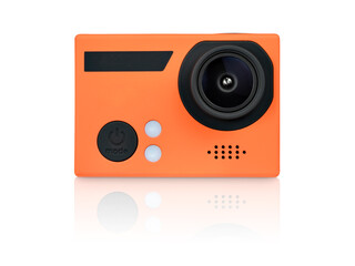 front view of modern orange action camera, isolated