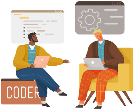 Programmer engineering and coding. Coder programmers working on web development on computer. Concept of script coding and programming in php, javascript, python, other languages. Software developers