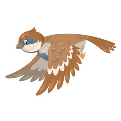 Funny little sparrow is flying. In cartoon style. Isolated on white background. Vector flat illustration.