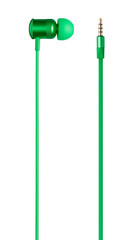 Side of bright green earphone with connector p2 plug, isolated
