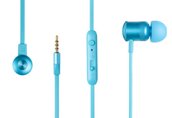 Details of bright blue earphones, isolated
