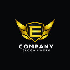 Luxury Letter E Gold Wing with Shield Logo template, Golden Wing Shield Luxury Initial Letter E logo