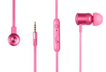 Details of bright pink earphones, isolated
