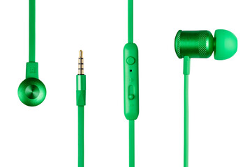 Fototapeta premium Details of bright green earphones, isolated 