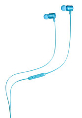 Side view of bright blue earphones, isolated
