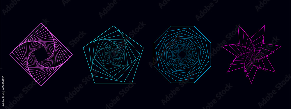 Poster set of twisted spirals. sacred geometry. tunnel with lines in the form of a circle and hexagons. vec