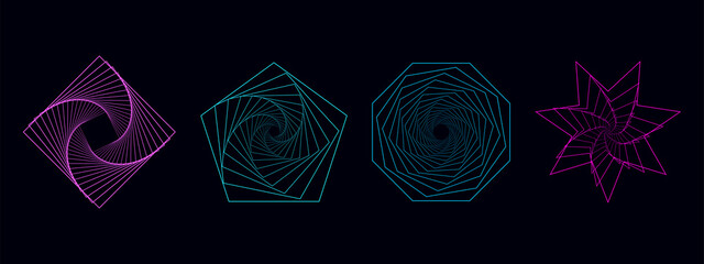 Set of twisted spirals. Sacred geometry. Tunnel with lines in the form of a circle and hexagons. Vector geometric fractal element.