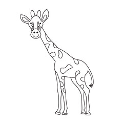 Vector isolated black and white illustration with cute giraffe in flat simple style on white background. Children's coloring page, hand-drawn print. Cartoon funny animal. Doodle outline. Line drawing.