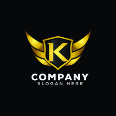 Luxury Letter K Gold Wing with Shield Logo template, Golden Wing Shield Luxury Initial Letter K logo