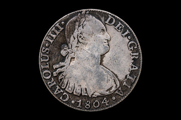France Carolus IIII 5 francs silver coin replica dated 1804 with a portrait  image of the emperor on the obverse cut out and isolated on a black background, stock photo image
