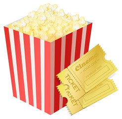 Popcorn and cinema tickets. Big red white strip box opened. Cinema movie night icon. Pop corn food. Flat design style. Traditional salty, sweet snack cinema illustration. Popcorn logo, cinema, pack