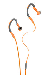 Front and back view of modern orange running earphones, isolated
