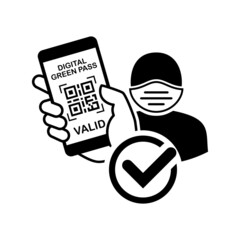Man in medical mask on his face shows smartphone screen with QR code of digital health passport. Vector icon on transparent background