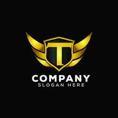 Luxury Letter T Gold Wing with Shield Logo template, Golden Wing Shield Luxury Initial Letter T logo