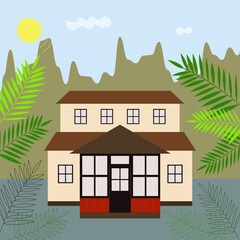 Vector house in a flat style on the background of nature, beige and brown house, two-storey house, flat illustration
