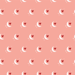 Moon with a heart seamless pattern, lovely romantic background, great for Valentine's Day.