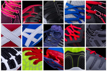 Collage of elements of sneakers. Lots of athletic shoe parts. Different texture of the upper from the sneaker.