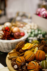 Elements of Christmas decor close-up; preparation for decorating the house before the holidays