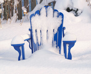 Blue Adirondack chairs in a backyard garden.