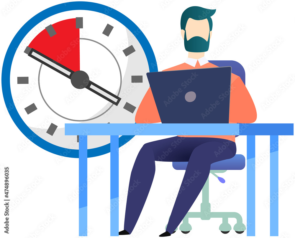 Poster man working on laptop next to huge clock. idea of time management, planning schedule and deadline. w
