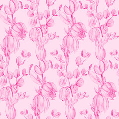 Botanical vertical pink pattern with flowers of yucca drawn in pencil for girly textiles and surface design