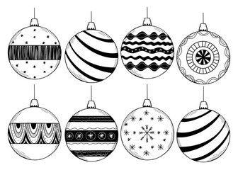 Vector set of hand drawn Christmas ball toy. Christmas coloring page book